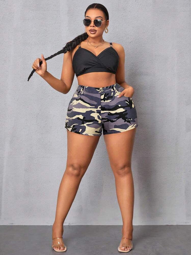 Plus Size Camouflage Straight-Leg Denim Shorts