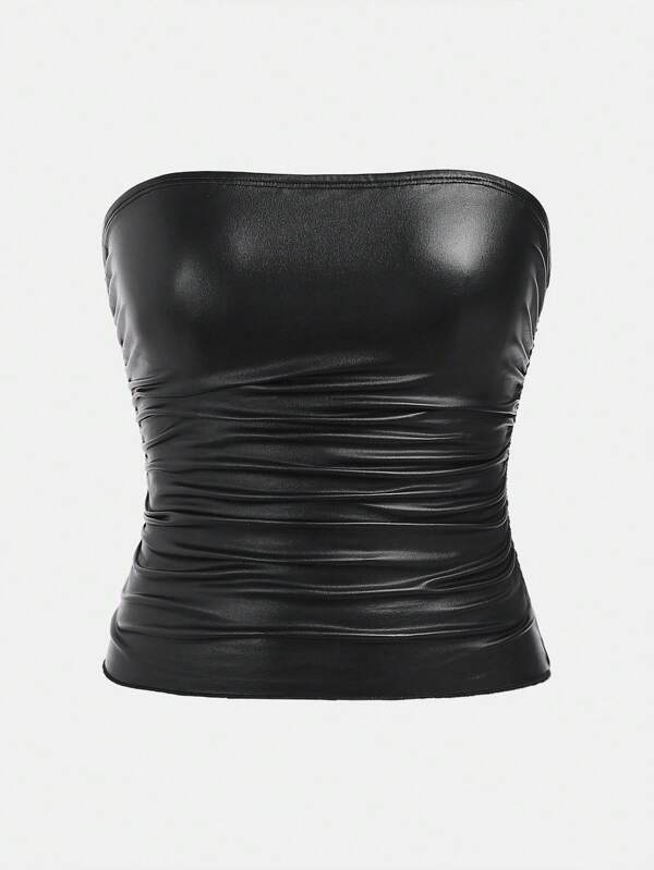 SHEIN Girlism Top Casual Tubinho Bandeau de Malha Elástico Franzido em Cor Sólida para Adolescente