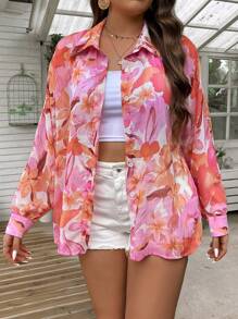 Celure Blusa de chifón romántica de manga larga con estampado floral para mujeres de talla grande para la temporada de primavera/verano - Rosa - Ver 4
