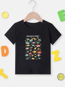 SHEIN T-shirt à manches courtes col rond pour garçon jeune, style décontracté d'été, avec motif de guide de dinosaure de bande dessinée