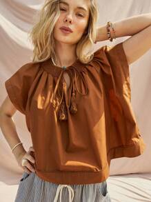 Bohemela Casual Ladies Shirred Detail Tie Neck Shirt - Brown - View 3