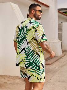 Manfinity Homme Conjunto de camisa hawaiana de manga corta con estampado y pantalones cortos de estilo vacacional para hombres de talla grande, playa, kimono, gráfico, vacaciones, colorido, palmera - Multicolor - Ver 2