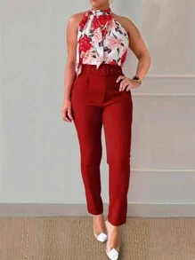 SHEIN Clasi 女款花卉印花露肩上衣和褲子套裝 - 酒紅色 - 查看 1