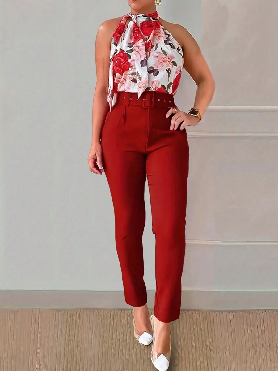 SHEIN Clasi 女款花卉印花露肩上衣和褲子套裝 - 酒紅色 - 查看 1