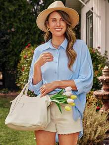 SHEIN LUNE Chemise en vrac versatile décontractée pour femme, de couleur bleue - Bleu azur - Voir 5