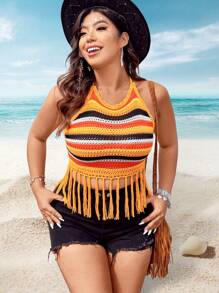 SHEIN Clasi Plus Size Knitted Top With Tassel Hem, Knot Back, Striped Pattern And Halter Neck - Multicolor - View 5