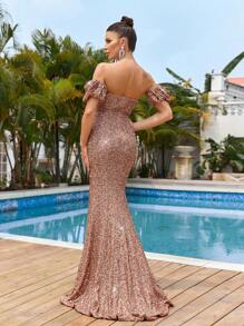 SHEIN Belle Hermoso vestido de sirena con brillantes para la noche, sin tirantes, con nudo retorcido en el busto, mangas de burbuja, con escote en el cuello.