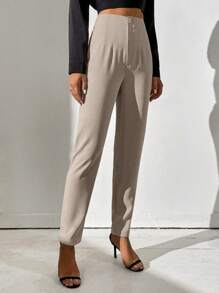 SHEIN Tall 纯色高腰锥形休闲裤 - 卡其色 - 查看 4