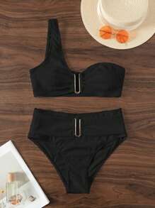 SHEIN Swim 夏季海灘單肩高腰比基尼套裝 - 黑色 - 查看 2