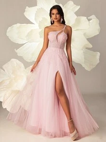 VIPGIRL 亮片对比色网眼高开叉长款晚礼服优雅正式舞会婚礼宾客礼服，适合毕业典礼、晚宴派对礼服 - 粉色 - 查看 5