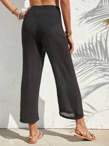 SHEIN Swim 夏季海灘單色休閒寬鬆彈性腰筒直筒罩褲 - 黑色 - 查看 2
