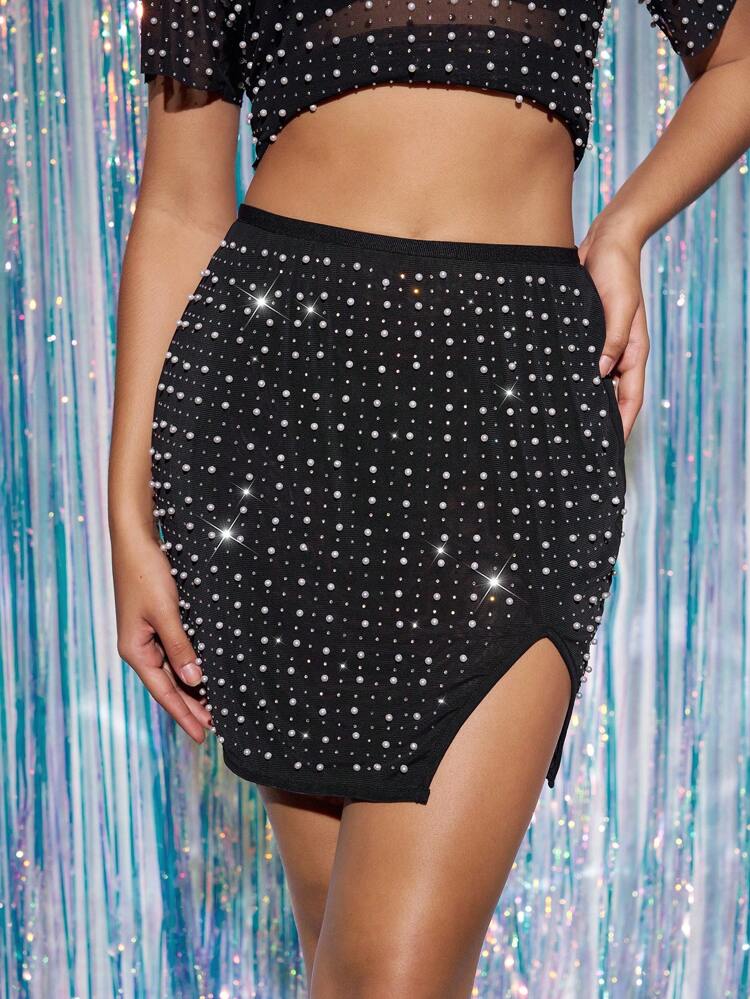 Rhinestone Embellished Faux Pearl Stud Split Fashion Skirt, Suitable For Music Festivals