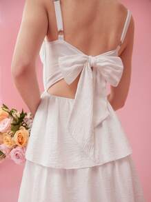 Enchnt Women Holiday Sundress Summer Spring Bow Chest Wrinkles Tie Multi-Layer Ruffled Hem Long Suspender White Prom Dress With Elegant And Romantic - White - View 11