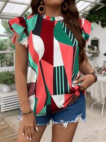 SHEIN LUNE 大尺碼女性夏季幾何圖案圓領帽袖寬鬆襯衫