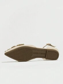 Pointed Toe Flat Non-Slip Crown & Faux Pearl Decor High-End Comfortable Graceful Fairy Style Women's Spring/Autumn Close Back Slip-On Handmade Faux Pearl Shoes, Large Size Strap Sandals,Party Outfits - Beige - View 3