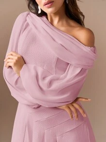 Modelyn 女士純色長袖打褶紋理面料燈籠袖夏季連衣裙 - 粉色 - 查看 5