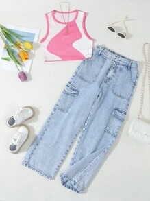 SHEIN Tween Girl Casual Comfortable Crop Tank Top & Cargo Jeans Two-Piece Set - Multicolor - View 1