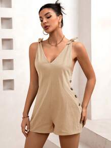 SHEIN Essnce Bộ áo liền quần không tay cổ chữ V màu trơn cho nữ Quần áo mặc ở nhà - Màu Khaki - Xem 5