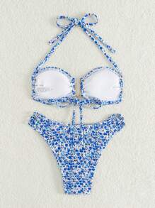 SHEIN Swim Women Padded Halter Full Print Bikini Set For Summer Swimming,Summer Beach - Blue - View 2