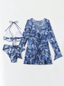 SHEIN Swim Women Bikini Set Random Printed 3-Piece Set With Underwire Summer Beach - Blue - View 2