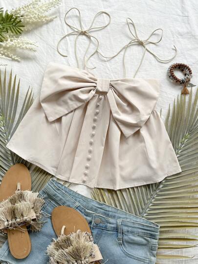 Soleia Blue & White Plaid Bowknot Design With Ribbon & Ruffle Decorations Peter Pan Collar Button-Up Casual Summer Camisole For Women's Vacation Clothing Old Money Style 
Fall Women Clothes 
Casual Women Dresses Summer Women Dresses Women Tank Tops Fall Clothes