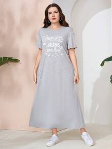 Mulvari 加大尺碼女士夏季蝴蝶和標語印花圓領短袖長T恤裙 - 灰色 - 查看 6