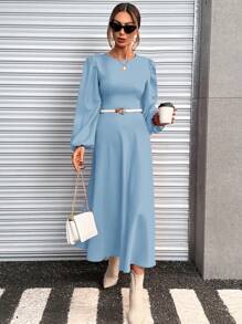 SHEIN Essnce 女性春夏季純色圓領燈籠袖優雅寬鬆洋裝 - 淺藍色 - 查看 6