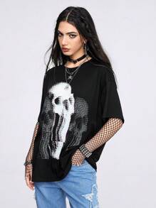Smith Collective Loose Short Sleeve T-Shirt With Novelty Mosaic Skeleton Print Style - Black - View 4