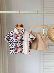 SHEIN Baby Boys Red And White Checkered Summer Boho Vacation Holiday Shirt And Shorts Set,Geometric Patchwork Turn-Down Collar Dropped Shoulder Loose Fit - Multicolor - View 1