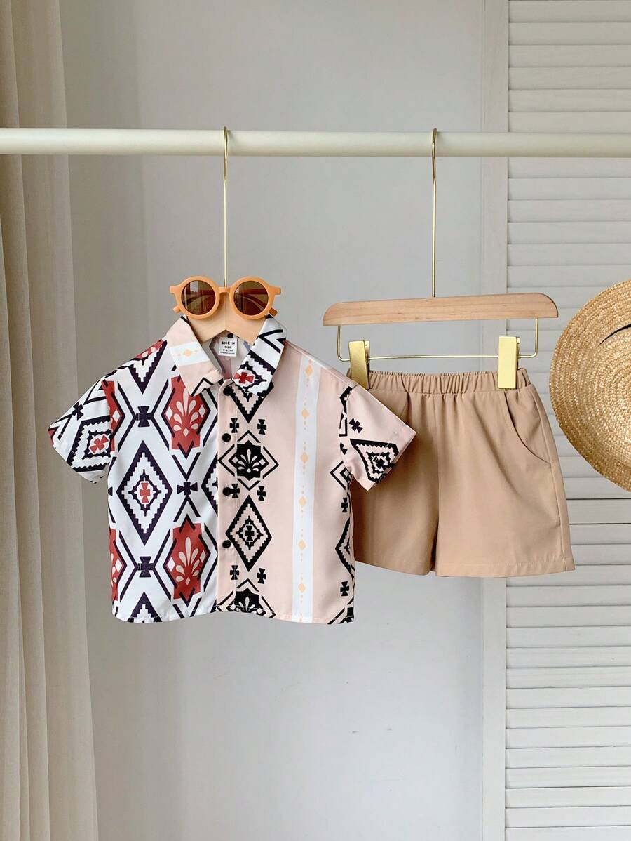 SHEIN Baby Boys Red And White Checkered Summer Boho Vacation Holiday Shirt And Shorts Set,Geometric Patchwork Turn-Down Collar Dropped Shoulder Loose Fit - Multicolor - View 1
