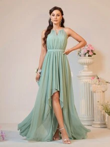SHEIN Belle Elegante y atmosférico vestido verde judía con cuello halter, fruncido en la cintura alta, efecto estilizador, corte asimétrico en A, versátil para bodas formales, eventos, al aire libre, jardín o interior, vestido de dama de honor (adulto) - verde menta - Ver 1