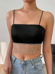 SHEIN PETITE Women Summer Spliced Rhinestone Fringed Hem Crop Top Camisole With Spaghetti Straps - Black - View 1