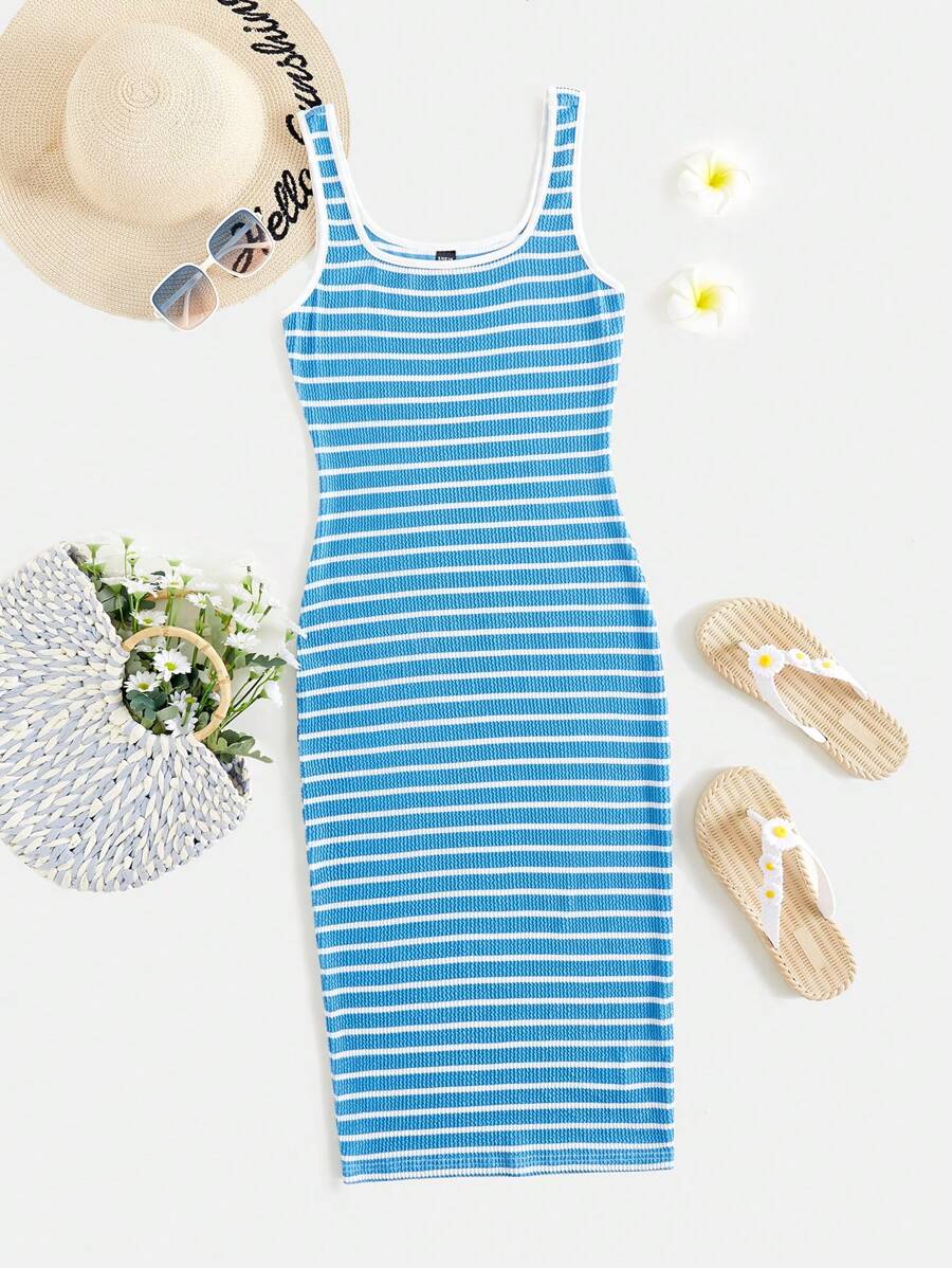 SHEIN VCAY Robe crayon pour femme à rayures bleues et blanches tricotée pour les vacances, près du corps et au-dessus du genou, avec un design classique - Bleu et Blanc - Voir 1