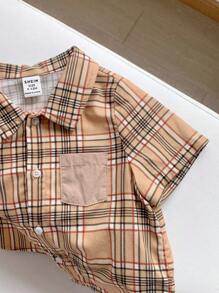 SHEIN Baby Boy 2PCs/Set Color Block Decorated Pocket, Turn-Down Collar, Open Front Short Sleeve Top & Casual Shorts