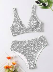 SHEIN Swim 花卉V領夏季沙灘比基尼套裝，隨機花卉印花 - 彩色 - 查看 4