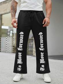 Manfinity LEGND Men Plus Size Letter Print Drawstring Waist Slant Pocket Sports Leisure Straight-Leg Sweatpants - Black - View 1