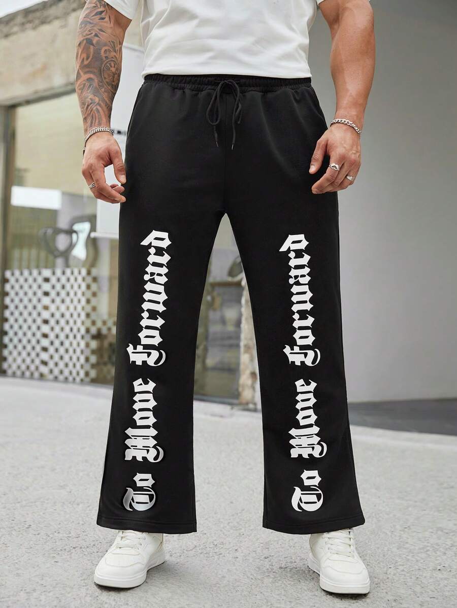 Manfinity LEGND Men Plus Size Letter Print Drawstring Waist Slant Pocket Sports Leisure Straight-Leg Sweatpants - Black - View 1