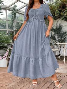 Breezaya Plus Size Đồng Màu Ruy Băng Thắt Nơ Xù Lông Tay Áo Đi Nghỉ Thường Ngày Xuân Hè - Màu xanh bụi bặm - Xem 1