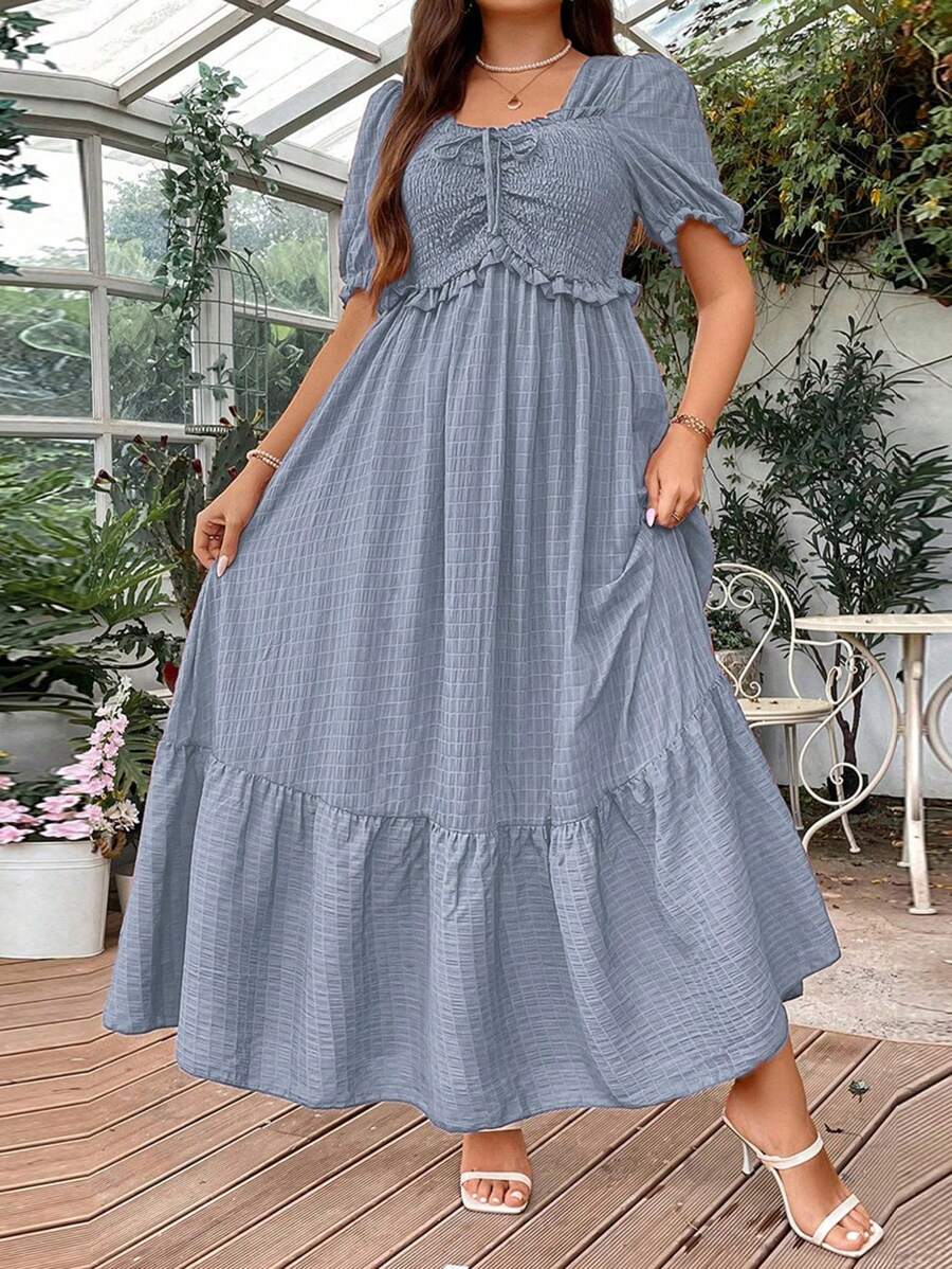 Breezaya Plus Size Đồng Màu Ruy Băng Thắt Nơ Xù Lông Tay Áo Đi Nghỉ Thường Ngày Xuân Hè - Màu xanh bụi bặm - Xem 1