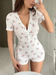 DAZY Lightweight Floral Print Short V-Neck Sleepwear Romper Pajama - White - View 3