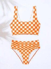 SHEIN Swim Women Checkered Print Square Neck Underwire Bikini Set For Summer Beach