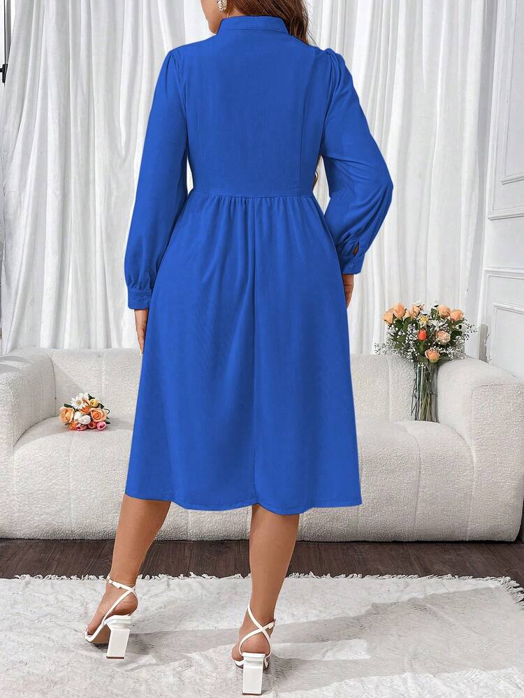 Plus Solid Color Romantic Long Sleeve Hollow Out Dress