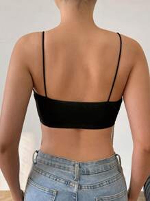 SHEIN PETITE Women Summer Spliced Rhinestone Fringed Hem Crop Top Camisole With Spaghetti Straps - Black - View 2