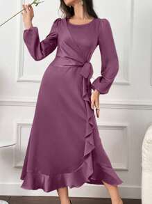 Modelyn Vestido de mujer con vuelos en el borde de manga larga en unicolor de moda - Morado - Ver 3