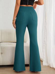 SHEIN Essnce Women Solid Color Concise Everyday Bell-Bottoms Long Pants - Teal Blue - View 2