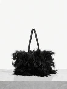 SHEIN BAE 女士人造羽毛晚宴包，黑色，适合派对和俱乐部的奢华包 - 黑色 - 查看 2