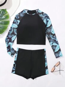 SHEIN Leap Crew Tween Girl Random Printed Splice Design Contrast Splice Insert Sleeve Tight Swimwear 2 Pieces Set, Suitable For Summer/Beach - Black - View 1