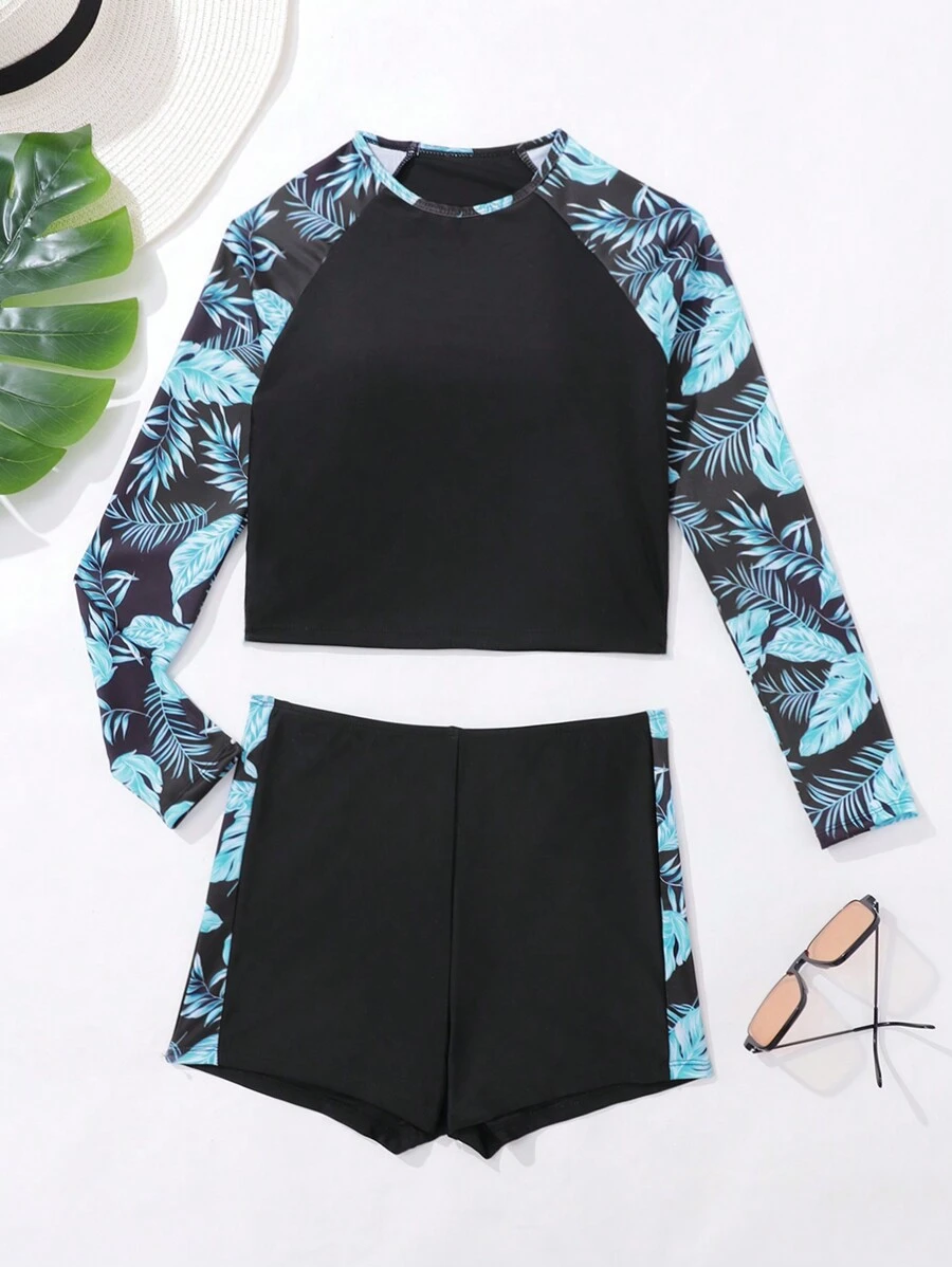 SHEIN Leap Crew Tween Girl Random Printed Splice Design Contrast Splice Insert Sleeve Tight Swimwear 2 Pieces Set, Suitable For Summer/Beach - Black - View 1