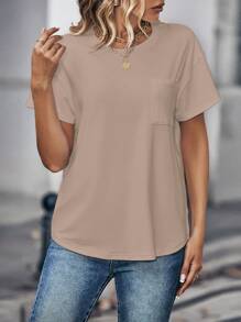 INAWLY Áo thun nữ cổ tròn tay ngắn màu trơn thời trang - Màu Khaki - Xem 5