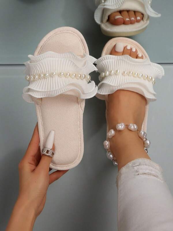 Fall/Winter Fashionable Lace And Cloth Pearl Women Home Slippers For Girls, Spring And Autumn New Style